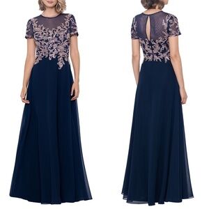 NWT Betsy & Adam Wendy Short Cap Sleeve Beaded Applique Gown in Navy/Rose Gold 6
